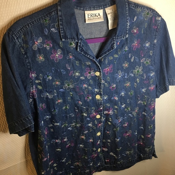 Erika Tops - Erika Collection | Women’s 100% Cotton Denim Blue Short Sleeve Button Down Shirt